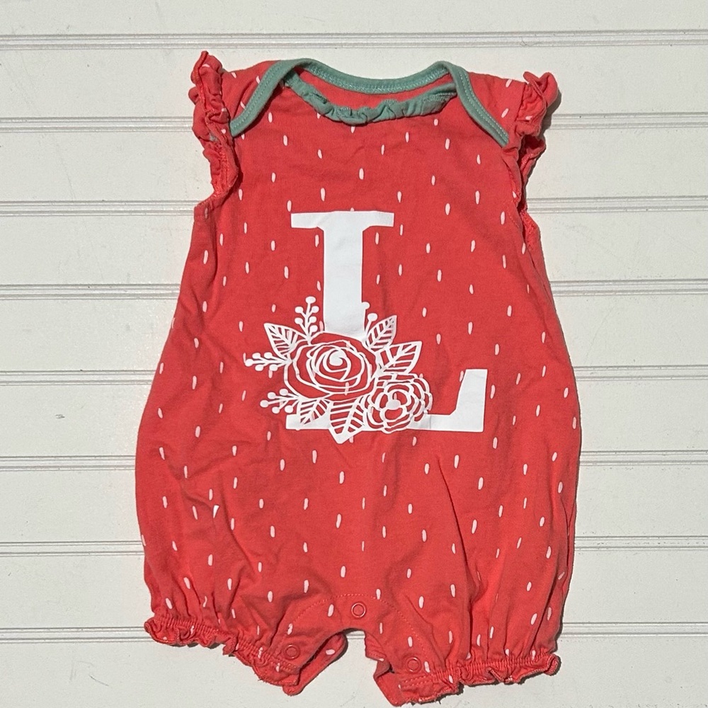 Carter’s Baby Romper Size 3 Months‎ Red Green L Initial Flower Polka Dots Casual